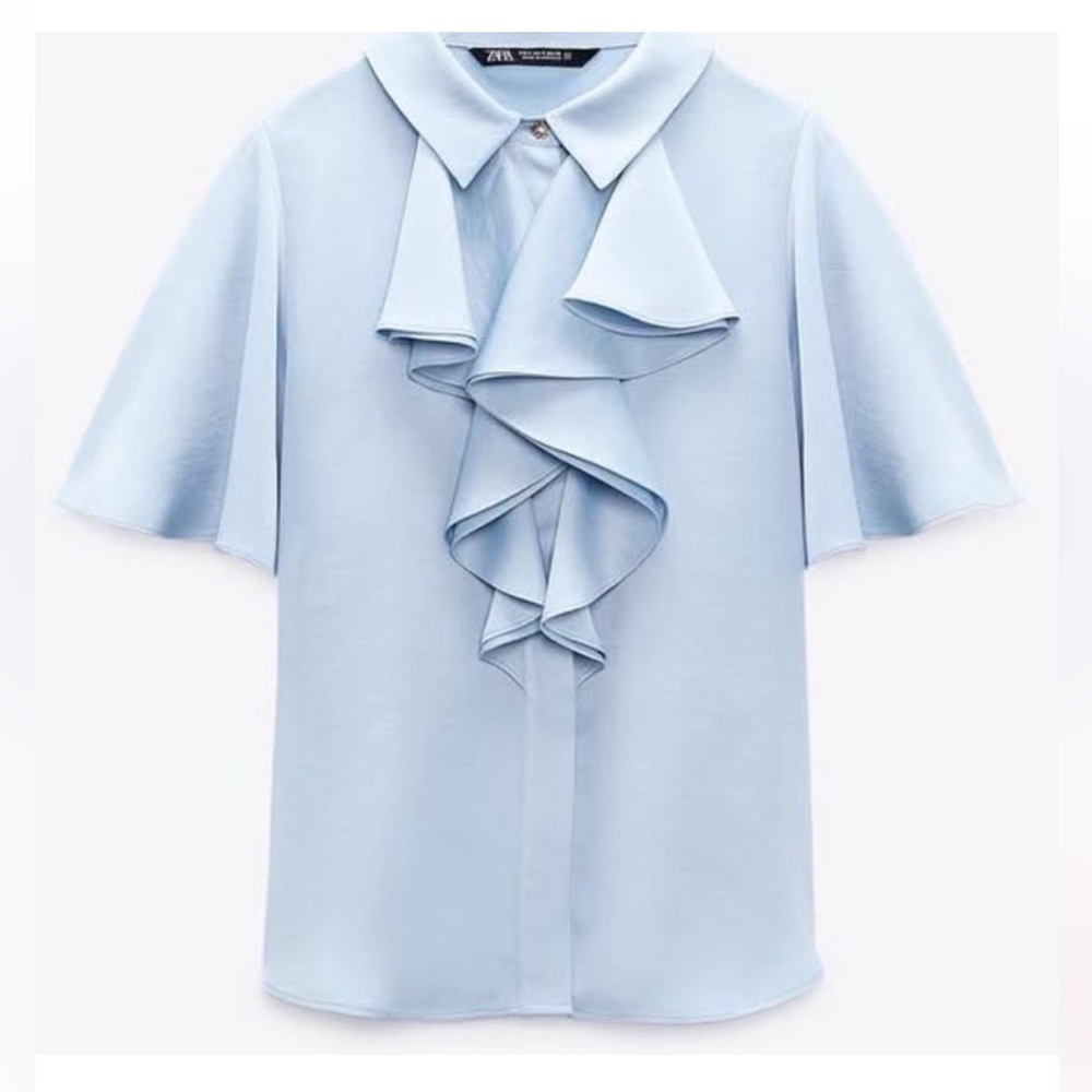 Zara Sky Blue Silk Ruffle Front Blouse women’s size small